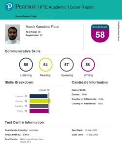 Harsh's PTE Result